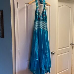 Blue Halter Dress with Floral Embroidery